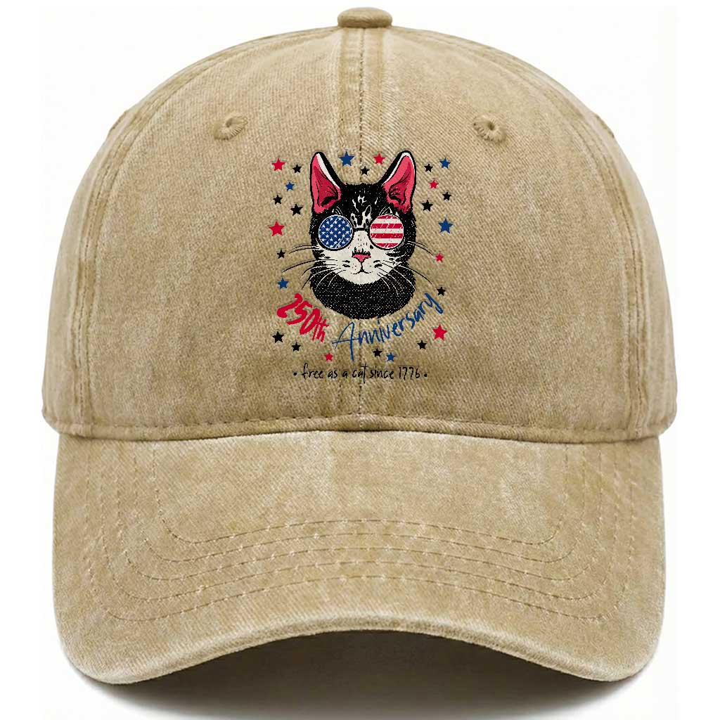 Free As A Cat Since 1776 Funny Patriotic Washed Cotton Baseball Cap Cool American Flag Sunglasses Cat 250th Anniversary Semiquincentennial