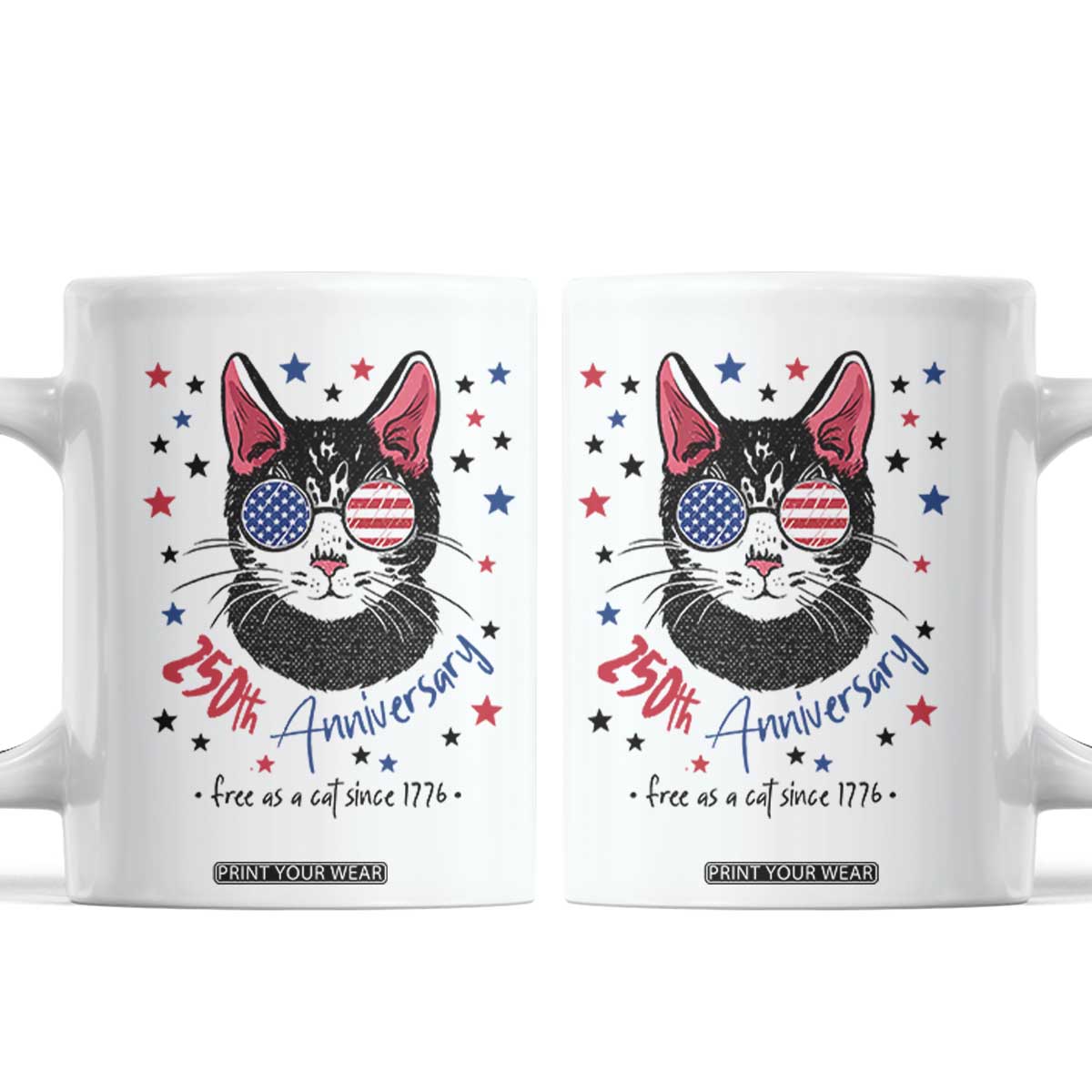 Free As A Cat Since 1776 Funny Patriotic Coffee Mug Cool American Flag Sunglasses Cat 250th Anniversary Semiquincentennial TS02 White Print Your Wear
