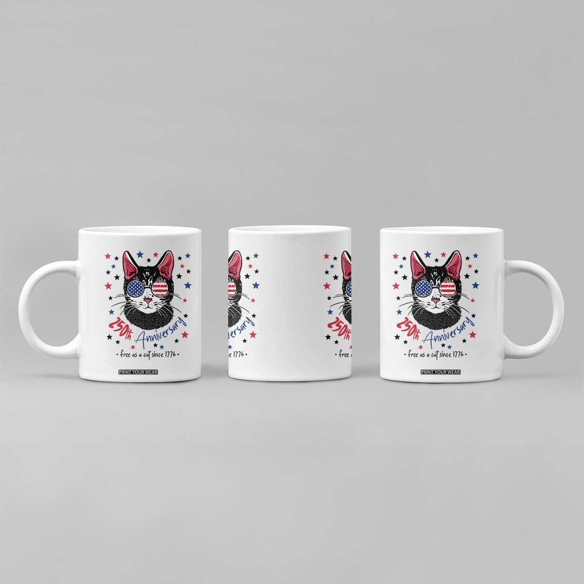 Free As A Cat Since 1776 Funny Patriotic Coffee Mug Cool American Flag Sunglasses Cat 250th Anniversary Semiquincentennial TS02 Print Your Wear
