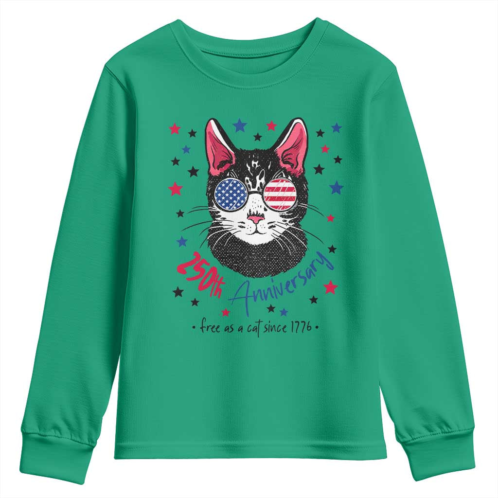Free As A Cat Since 1776 Funny Patriotic Youth Sweatshirt Cool American Flag Sunglasses Cat 250th Anniversary Semiquincentennial TS02 Irish Green Print Your Wear