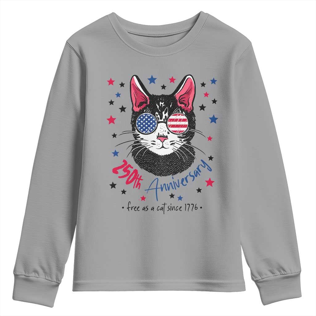 Free As A Cat Since 1776 Funny Patriotic Youth Sweatshirt Cool American Flag Sunglasses Cat 250th Anniversary Semiquincentennial TS02 Sport Gray Print Your Wear