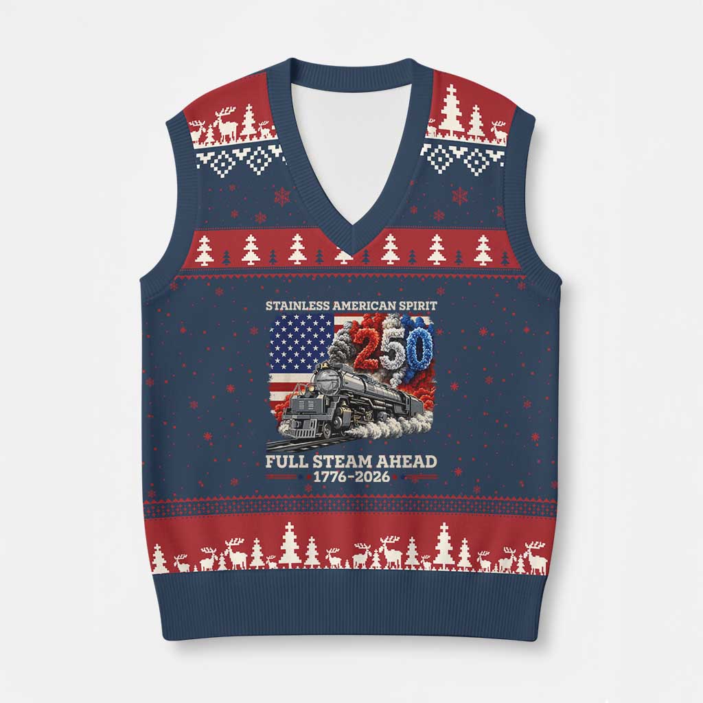 Stainless American Spirit Full Steam Ahead V-Neck Knit Sweater Vest 250 Years Freedom Semiquincentennial Steam Locomotive TS02 Navy Red Print Your Wear
