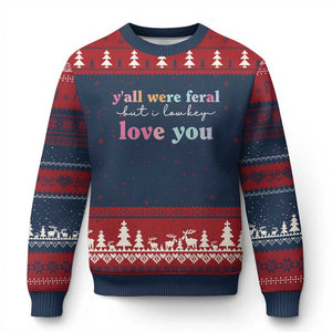 Y'all Were Feral But I Low Key Love You Ugly Christmas Sweater Funny Retro End of School Year Teacher Typography TS02 Navy Red Print Your Wear