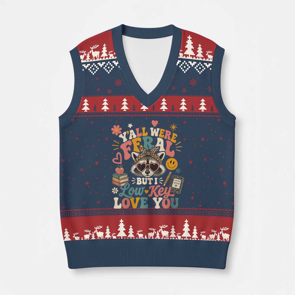 Y'all Were Feral But I Low Key Love You Retro Raccoon V-Neck Knit Sweater Vest Funny Teacher End of School Year TS02 Navy Red Print Your Wear