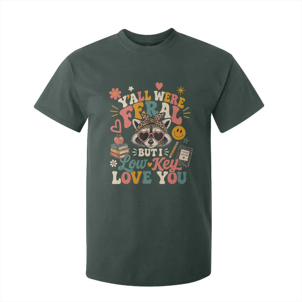 Y'all Were Feral But I Low Key Love You Retro Raccoon T Shirt For Kid Funny Teacher End of School Year