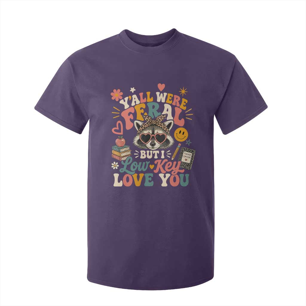 Y'all Were Feral But I Low Key Love You Retro Raccoon T Shirt For Kid Funny Teacher End of School Year