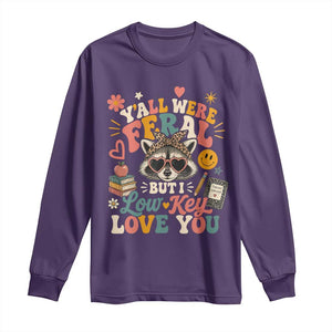 Y'all Were Feral But I Low Key Love You Retro Raccoon Long Sleeve Shirt Funny Teacher End of School Year TS02 Purple Print Your Wear