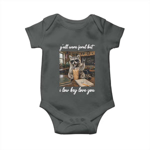 Funny Classroom Raccoon Iced Coffee Teacher Baby Onesie Y'all Were Feral But I Low Key Love You TS02 Dark Heather Print Your Wear
