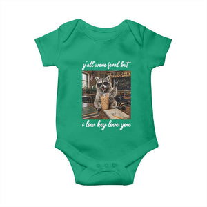 Funny Classroom Raccoon Iced Coffee Teacher Baby Onesie Y'all Were Feral But I Low Key Love You TS02 Irish Green Print Your Wear