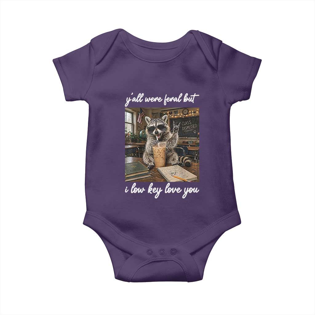 Funny Classroom Raccoon Iced Coffee Teacher Baby Onesie Y'all Were Feral But I Low Key Love You TS02 Purple Print Your Wear