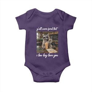 Funny Classroom Raccoon Iced Coffee Teacher Baby Onesie Y'all Were Feral But I Low Key Love You TS02 Purple Print Your Wear