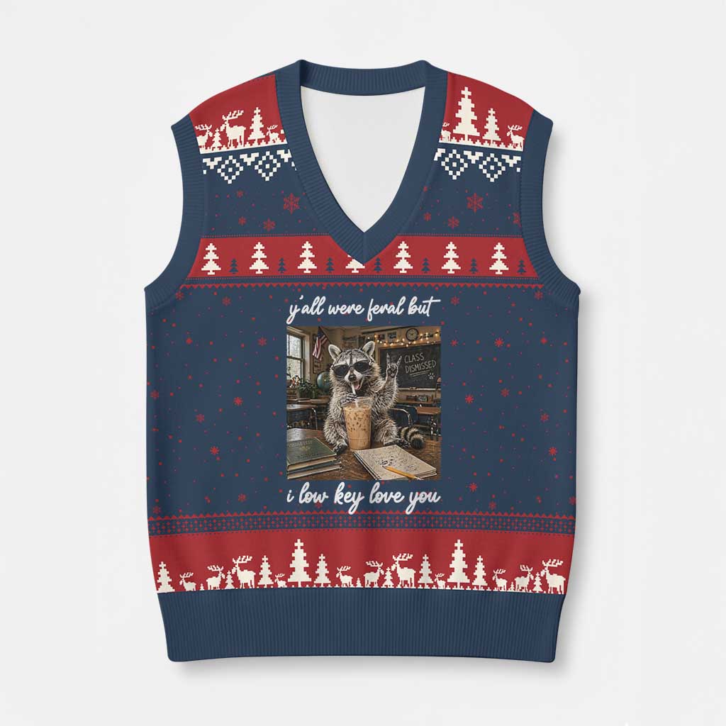 Funny Classroom Raccoon Iced Coffee Teacher V-Neck Knit Sweater Vest Y'all Were Feral But I Low Key Love You TS02 Navy Red Print Your Wear