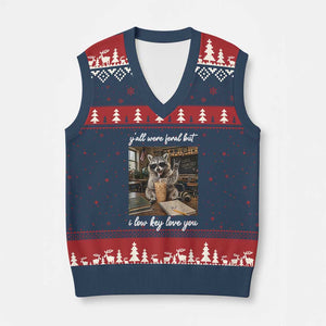 Funny Classroom Raccoon Iced Coffee Teacher V-Neck Knit Sweater Vest Y'all Were Feral But I Low Key Love You TS02 Navy Red Print Your Wear