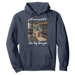 Funny Classroom Raccoon Iced Coffee Teacher Hoodie Y'all Were Feral But I Low Key Love You TS02 Navy Print Your Wear