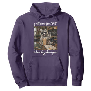 Funny Classroom Raccoon Iced Coffee Teacher Hoodie Y'all Were Feral But I Low Key Love You TS02 Purple Print Your Wear