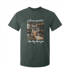 Funny Classroom Raccoon Iced Coffee Teacher T Shirt For Kid Y'all Were Feral But I Low Key Love You TS02 Dark Forest Green Print Your Wear