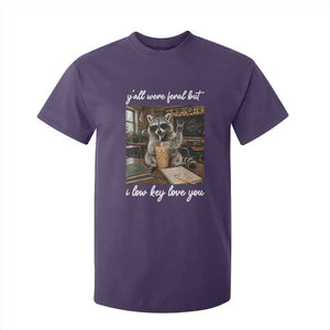Funny Classroom Raccoon Iced Coffee Teacher T Shirt For Kid Y'all Were Feral But I Low Key Love You TS02 Purple Print Your Wear