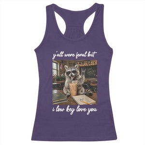 Funny Classroom Raccoon Iced Coffee Teacher Racerback Tank Top Y'all Were Feral But I Low Key Love You TS02 Purple Print Your Wear