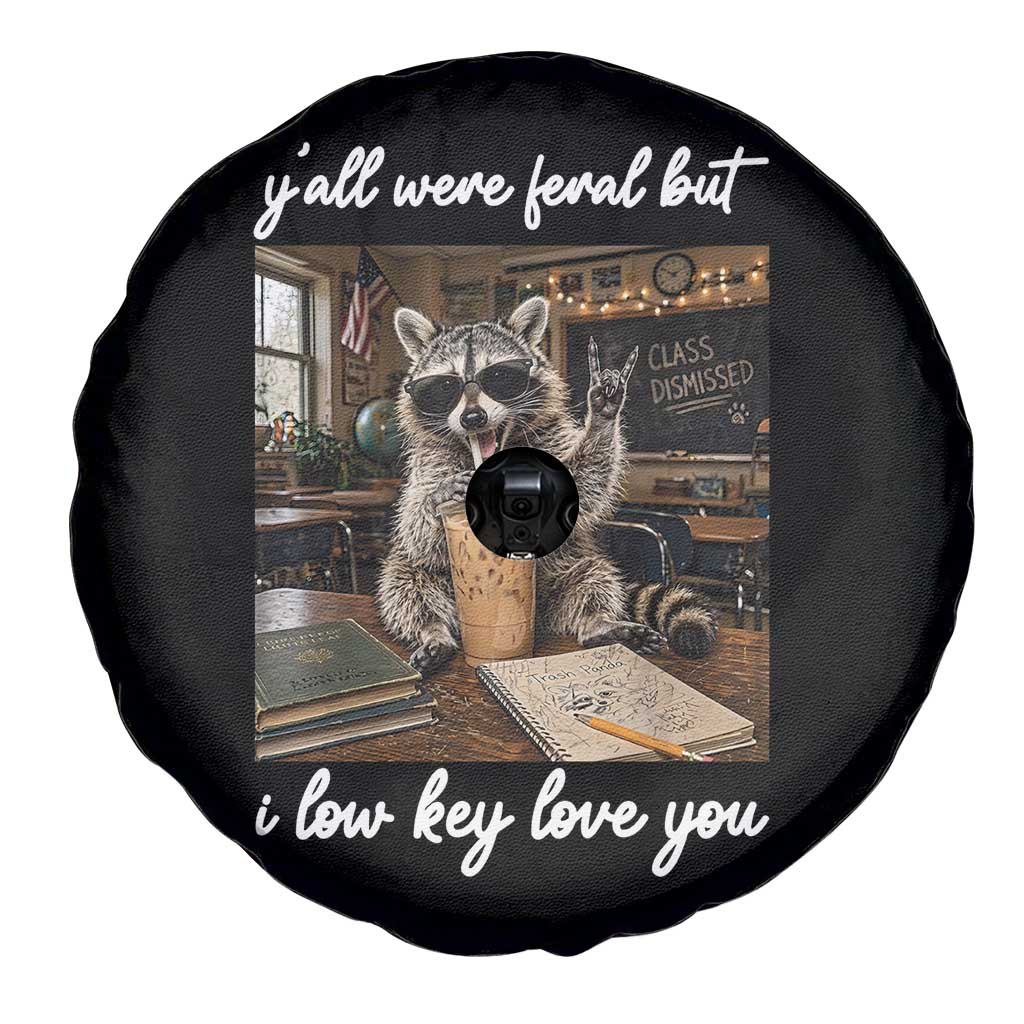 Funny Classroom Raccoon Iced Coffee Teacher Spare Tire Cover Y'all Were Feral But I Low Key Love You TS02 Print Your Wear