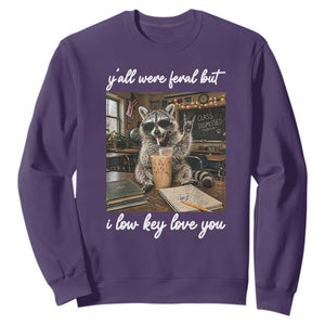 Funny Classroom Raccoon Iced Coffee Teacher Sweatshirt Y'all Were Feral But I Low Key Love You TS02 Purple Print Your Wear