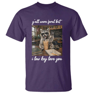 Funny Classroom Raccoon Iced Coffee Teacher T Shirt Y'all Were Feral But I Low Key Love You TS02 Purple Print Your Wear