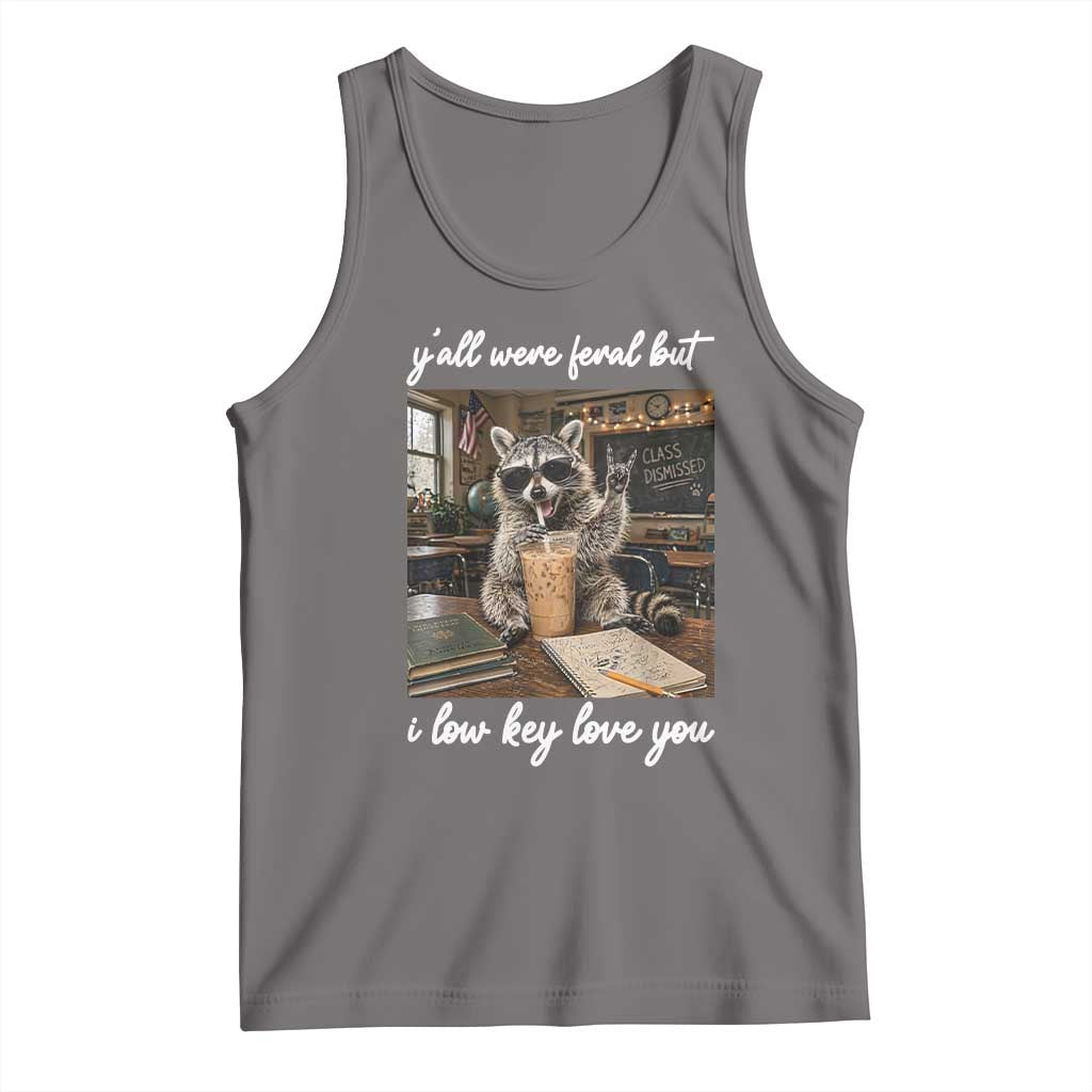Funny Classroom Raccoon Iced Coffee Teacher Tank Top Y'all Were Feral But I Low Key Love You TS02 Deep Heather Print Your Wear