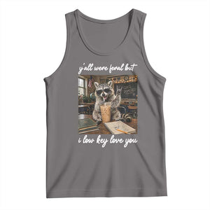 Funny Classroom Raccoon Iced Coffee Teacher Tank Top Y'all Were Feral But I Low Key Love You TS02 Deep Heather Print Your Wear