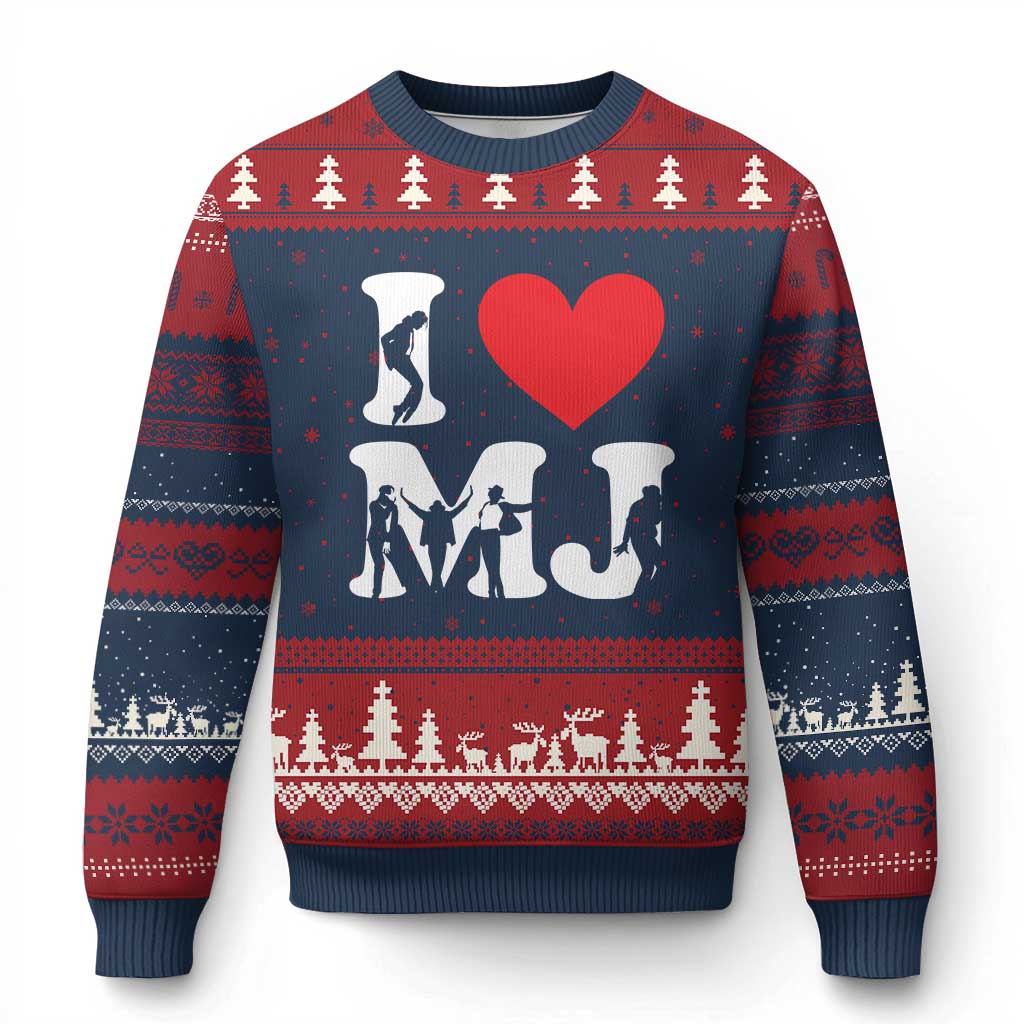 I Heart MJ Dance Silhouette Tribute Ugly Christmas Sweater Iconic Pop Culture Famous Dance Poses for Music Legend Fans TS02 Navy Red Print Your Wear
