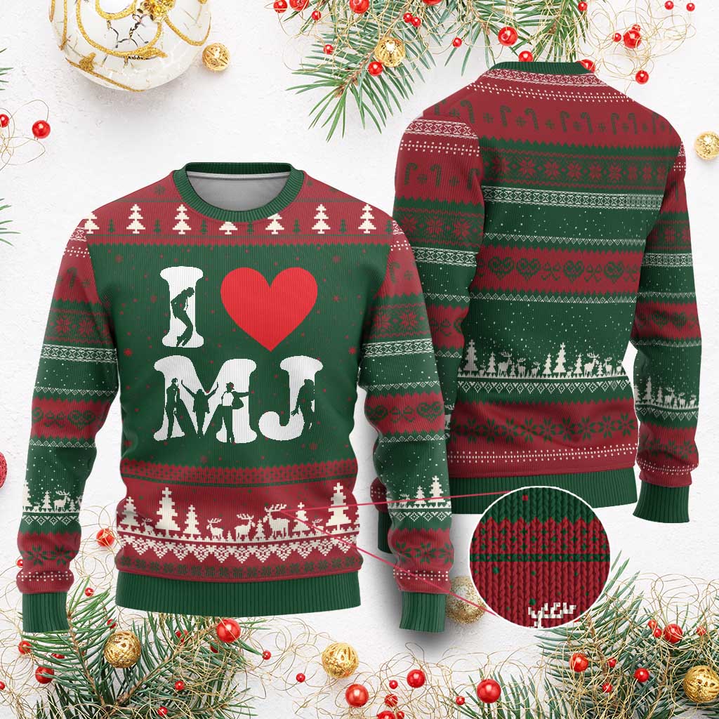 I Heart MJ Dance Silhouette Tribute Ugly Christmas Sweater Iconic Pop Culture Famous Dance Poses for Music Legend Fans TS02 Red Green Print Your Wear