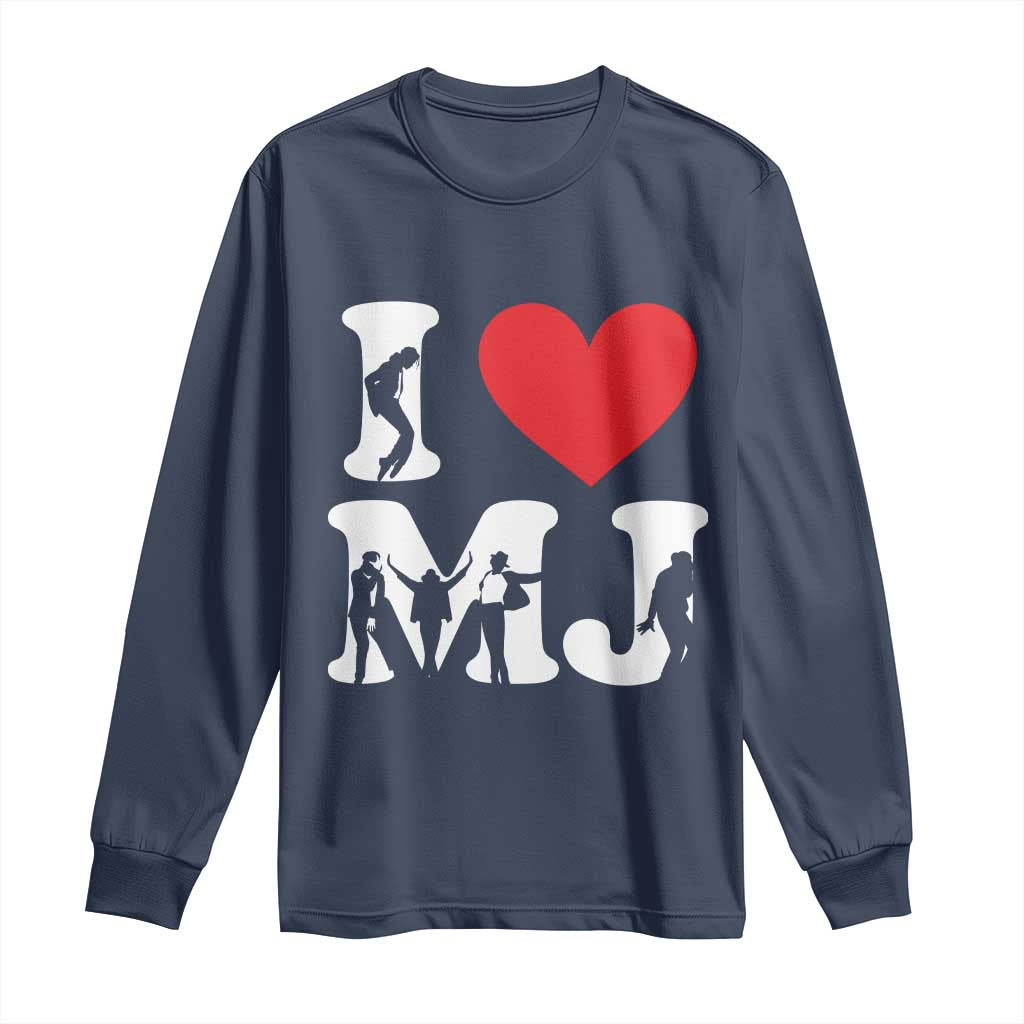 I Heart MJ Dance Silhouette Tribute Long Sleeve Shirt Iconic Pop Culture Famous Dance Poses for Music Legend Fans TS02 Navy Print Your Wear