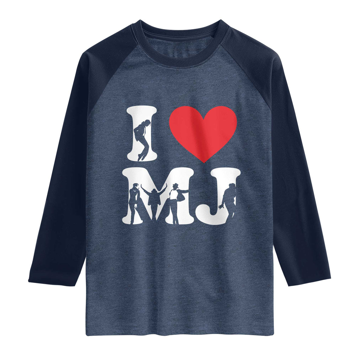I Heart MJ Dance Silhouette Tribute Raglan Shirt Iconic Pop Culture Famous Dance Poses for Music Legend Fans TS02 Heather Denim Navy Print Your Wear