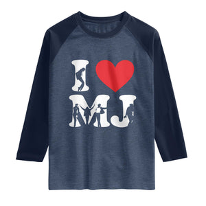 I Heart MJ Dance Silhouette Tribute Raglan Shirt Iconic Pop Culture Famous Dance Poses for Music Legend Fans TS02 Heather Denim Navy Print Your Wear