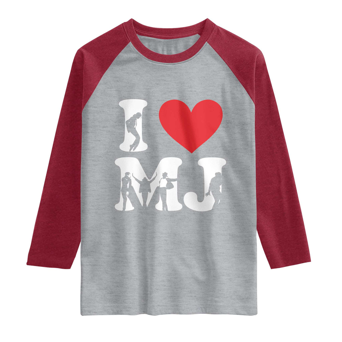 I Heart MJ Dance Silhouette Tribute Raglan Shirt Iconic Pop Culture Famous Dance Poses for Music Legend Fans TS02 Heather Gray Heather Red Print Your Wear
