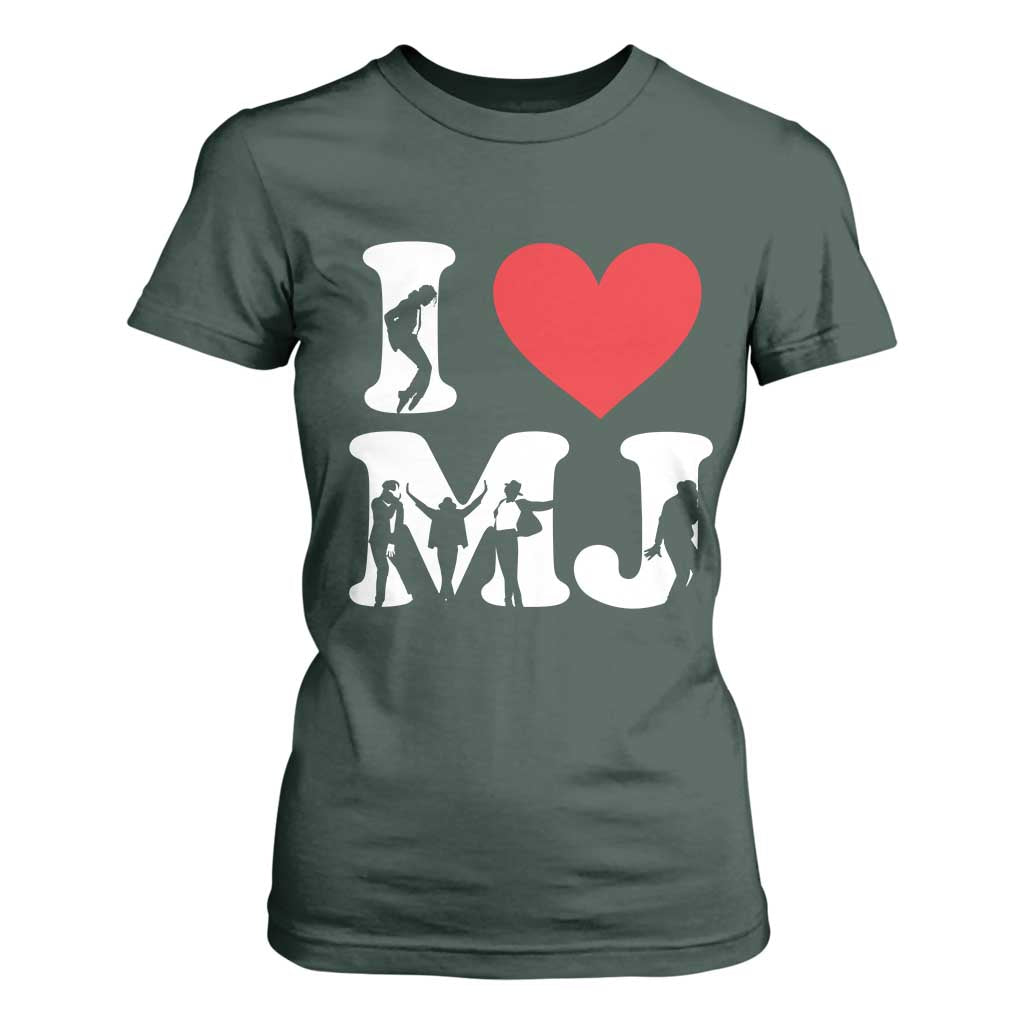 I Heart MJ Dance Silhouette Tribute T Shirt For Women Iconic Pop Culture Famous Dance Poses for Music Legend Fans TS02 Dark Forest Green Print Your Wear
