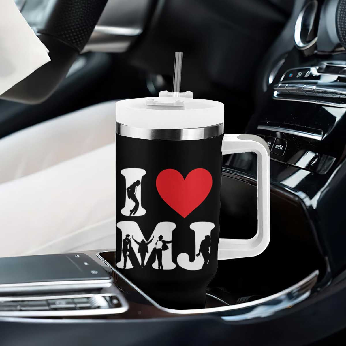 I Heart MJ Dance Silhouette Tribute Tumbler With Handle Iconic Pop Culture Famous Dance Poses for Music Legend Fans TS02 Print Your Wear