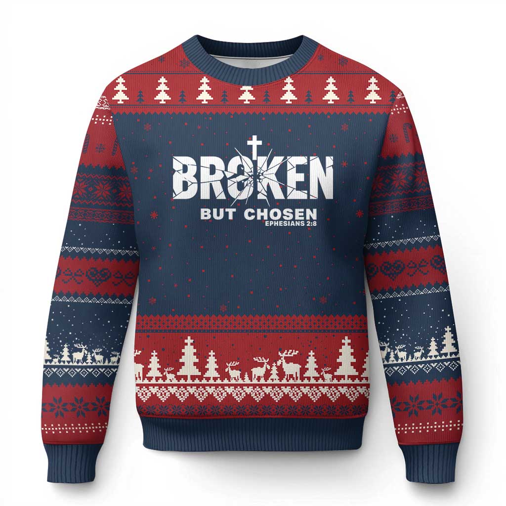 Broken But Chosen Ephesians 2:8 Bible Verse Ugly Christmas Sweater Christian Faith Grace and Salvation Gift TS02 Navy Red Print Your Wear
