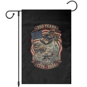 250 Years 1776 to 2026 Ultimate American Landmark Collage Garden Flag Liberty Bell Eagle and US Flag Semiquincentennial Patriotic TS02 Black Print Your Wear