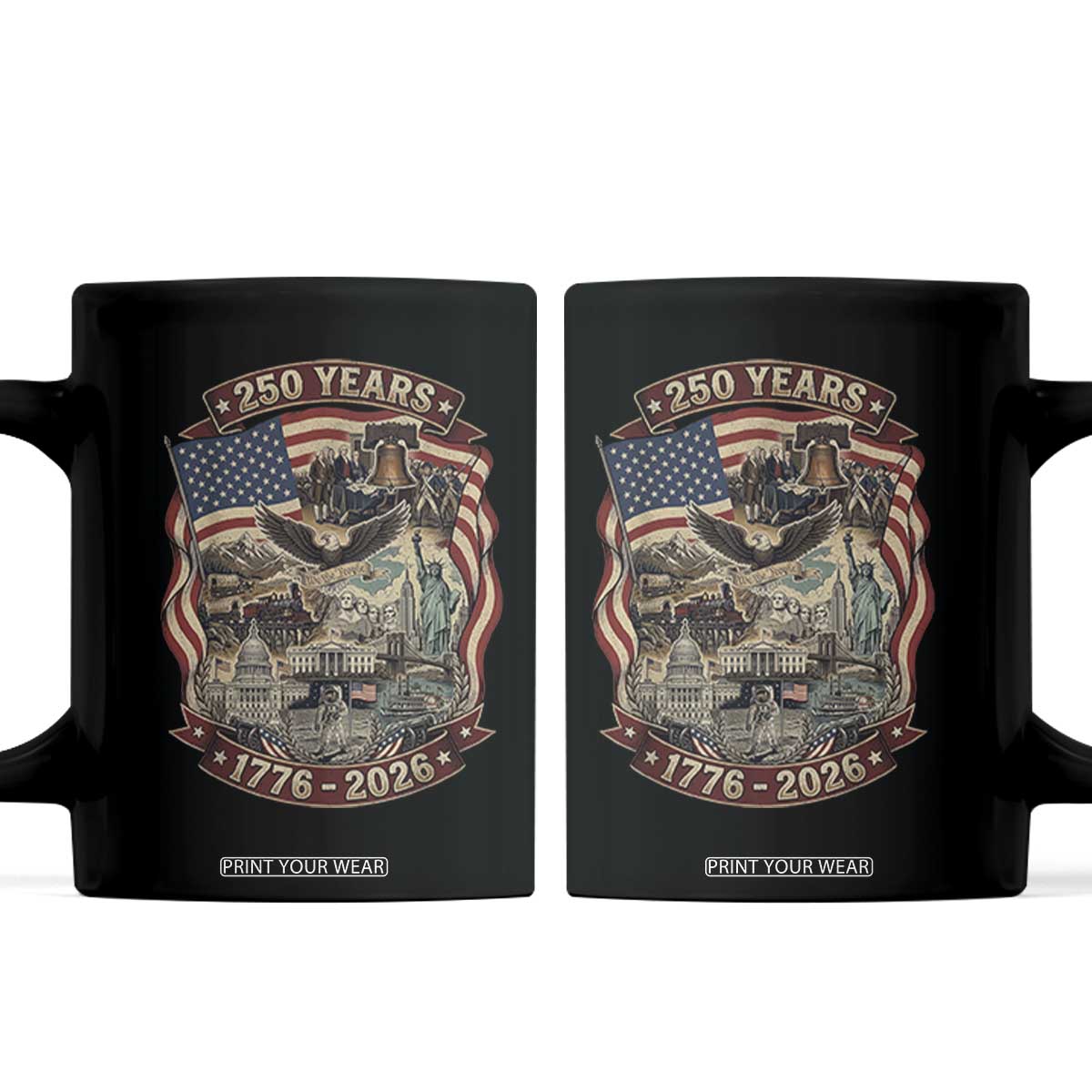250 Years 1776 to 2026 Ultimate American Landmark Collage Coffee Mug Liberty Bell Eagle and US Flag Semiquincentennial Patriotic