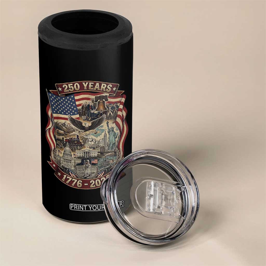 250 Years 1776 to 2026 Ultimate American Landmark Collage 4 in 1 Can Cooler Tumbler Liberty Bell Eagle and US Flag Semiquincentennial Patriotic TS02 Print Your Wear
