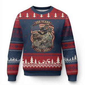 250 Years 1776 to 2026 Ultimate American Landmark Collage Ugly Christmas Sweater Liberty Bell Eagle and US Flag Semiquincentennial Patriotic TS02 Navy Red Print Your Wear