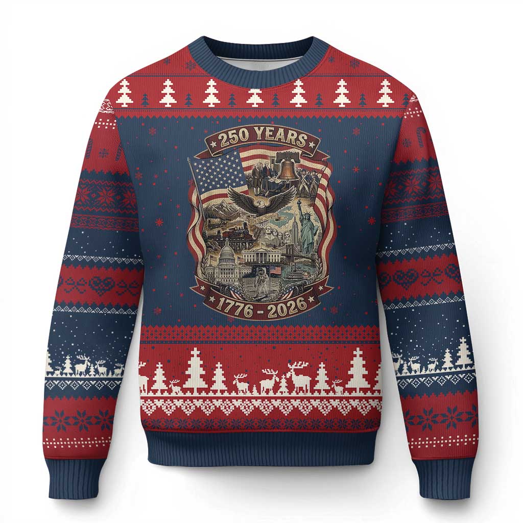 250 Years 1776 to 2026 Ultimate American Landmark Collage Ugly Christmas Sweater Liberty Bell Eagle and US Flag Semiquincentennial Patriotic