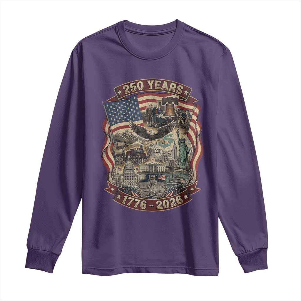 250 Years 1776 to 2026 Ultimate American Landmark Collage Long Sleeve Shirt Liberty Bell Eagle and US Flag Semiquincentennial Patriotic TS02 Purple Print Your Wear