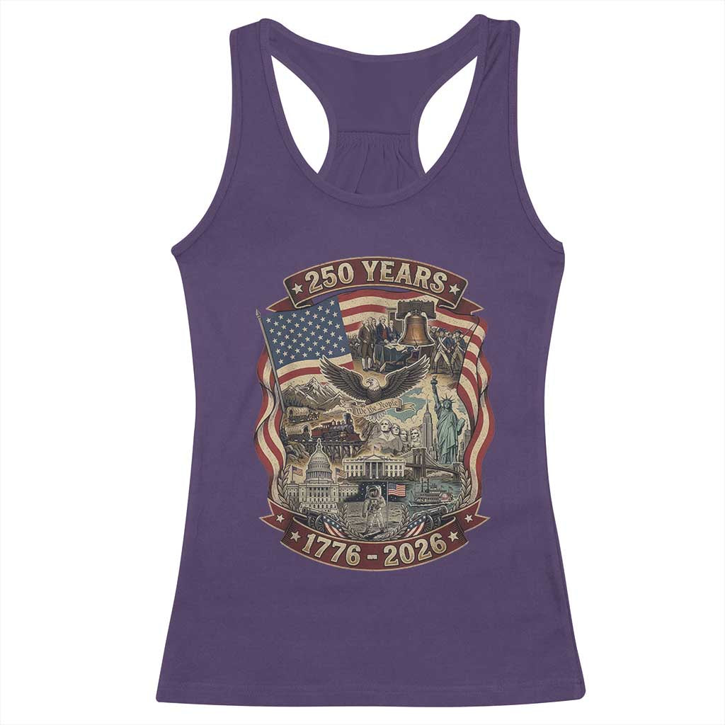 250 Years 1776 to 2026 Ultimate American Landmark Collage Racerback Tank Top Liberty Bell Eagle and US Flag Semiquincentennial Patriotic TS02 Purple Print Your Wear