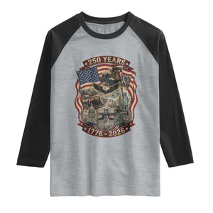 250 Years 1776 to 2026 Ultimate American Landmark Collage Raglan Shirt Liberty Bell Eagle and US Flag Semiquincentennial Patriotic TS02 Heather Gray Black Print Your Wear