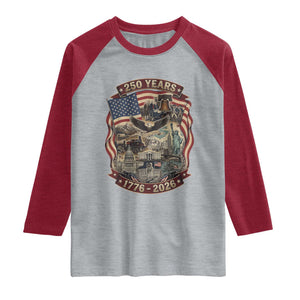 250 Years 1776 to 2026 Ultimate American Landmark Collage Raglan Shirt Liberty Bell Eagle and US Flag Semiquincentennial Patriotic TS02 Heather Gray Heather Red Print Your Wear