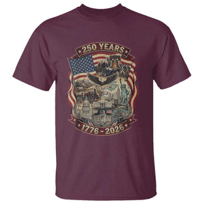 250 Years 1776 to 2026 Ultimate American Landmark Collage T Shirt Liberty Bell Eagle and US Flag Semiquincentennial Patriotic TS02 Maroon Print Your Wear