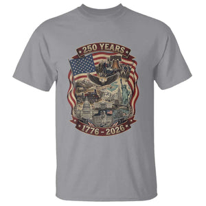 250 Years 1776 to 2026 Ultimate American Landmark Collage T Shirt Liberty Bell Eagle and US Flag Semiquincentennial Patriotic TS02 Sport Gray Print Your Wear