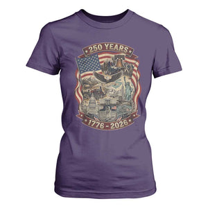 250 Years 1776 to 2026 Ultimate American Landmark Collage T Shirt For Women Liberty Bell Eagle and US Flag Semiquincentennial Patriotic TS02 Purple Print Your Wear