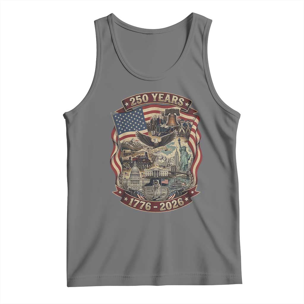 250 Years 1776 to 2026 Ultimate American Landmark Collage Tank Top Liberty Bell Eagle and US Flag Semiquincentennial Patriotic TS02 Black Heather Print Your Wear