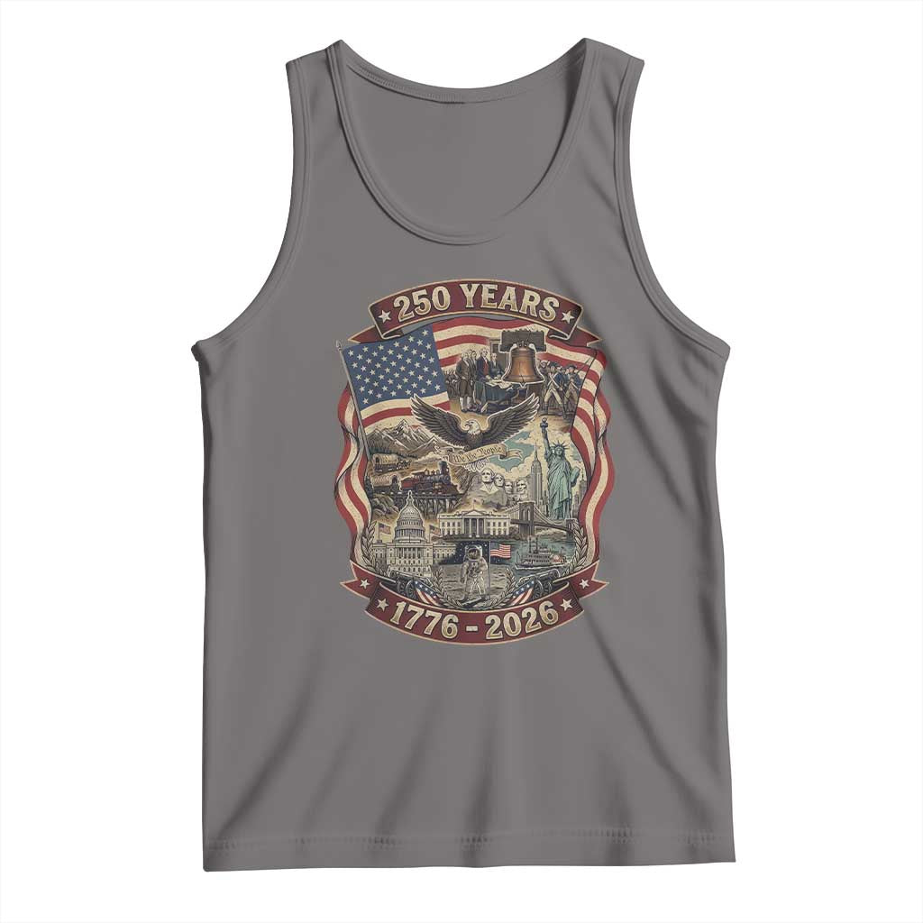 250 Years 1776 to 2026 Ultimate American Landmark Collage Tank Top Liberty Bell Eagle and US Flag Semiquincentennial Patriotic TS02 Deep Heather Print Your Wear